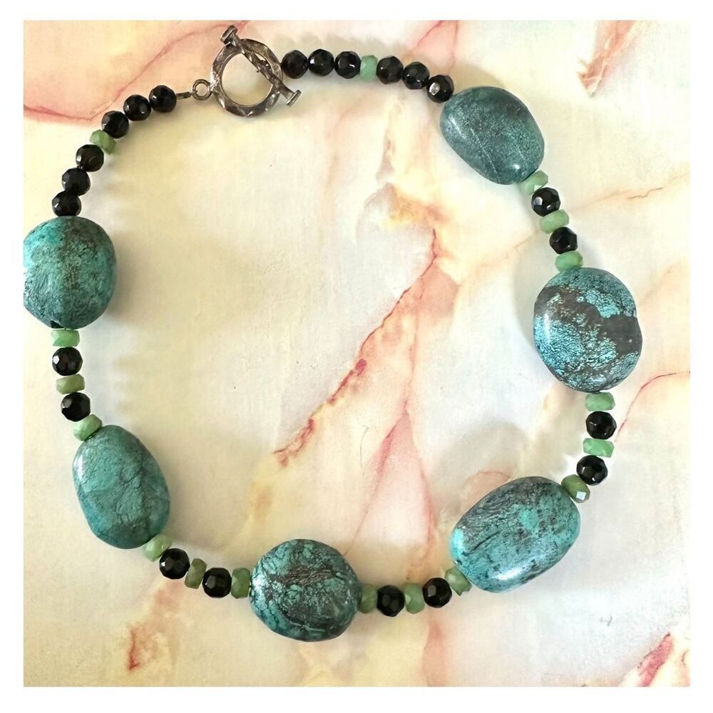 Sterling silver turquoise jade and onyx chunky artisan necklace